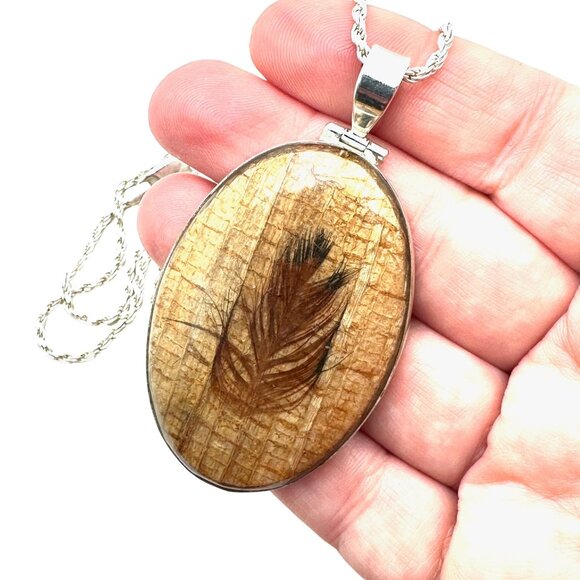 Southwest Style Feather Design 2.5 Inch Pendant Sterling Silver 24 Inch Chain - Picture 2 of 3